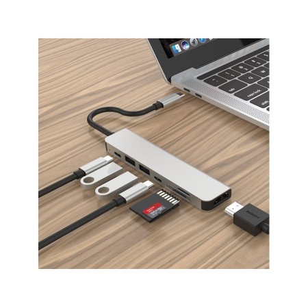 USB-C adapter NEON Multi-Port 4K, USB Type-C na 2x USB 3.0, USB Type-C, Thunderbolt 3, HDMI, card reader