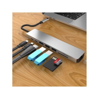 USB-C adapter NEON Multi-Port 4K, USB Type-C na 2x USB 3.0, USB Type-C, Thunderbolt 3, RJ45 (LAN), HDMI, card reader